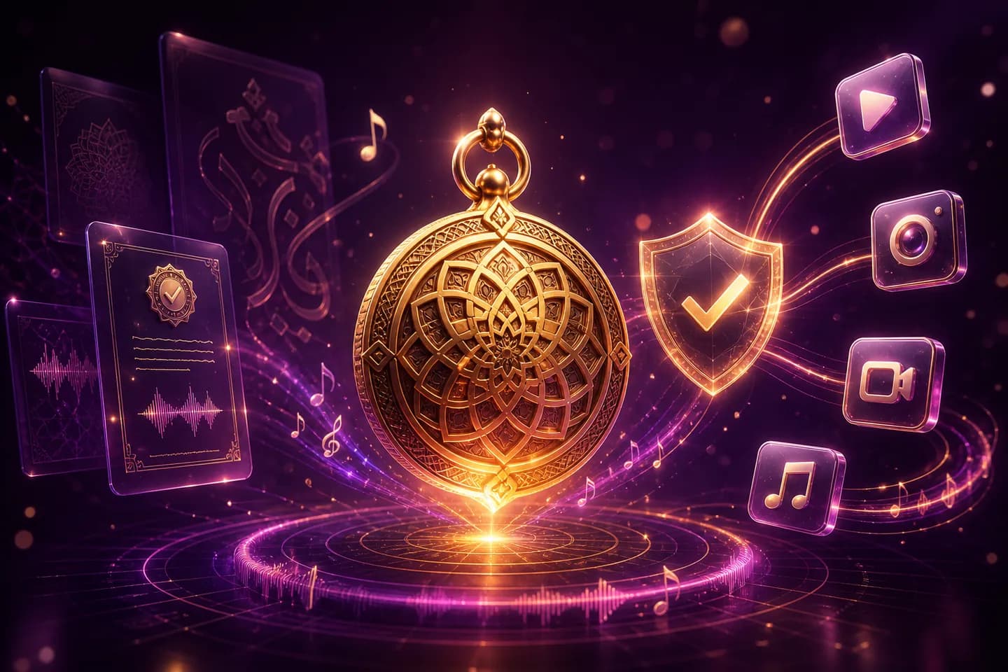 A golden talisman surrounded by a copyright shield, licensing certificates and violet sound waves